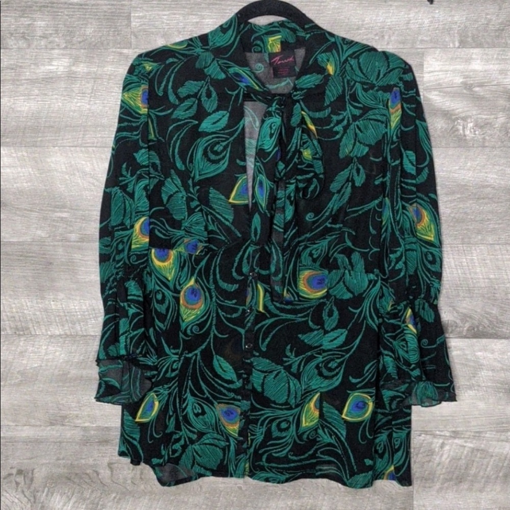1X Torrid Peacock Print Ruffled Sleeve Chiffon Top Green Women's